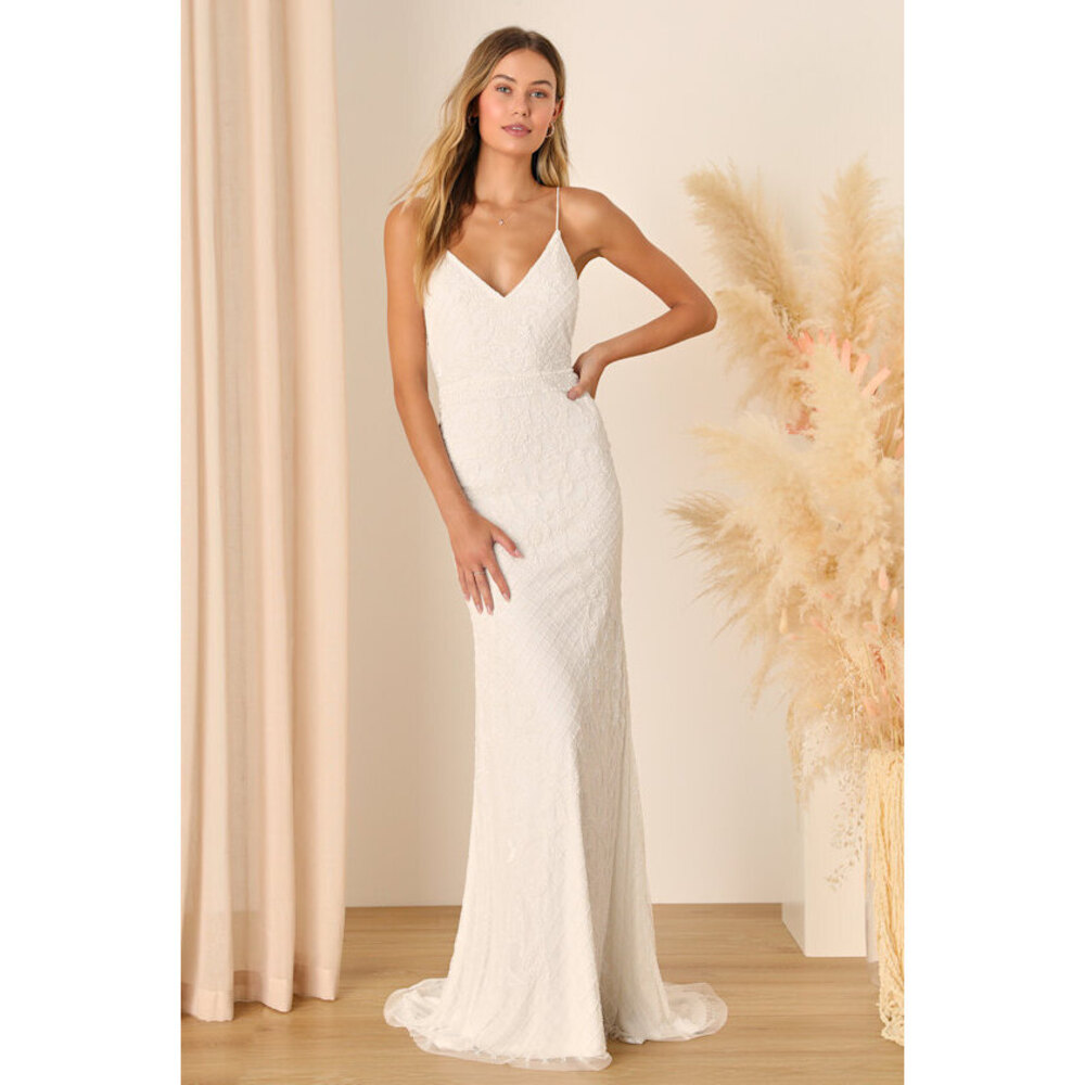 Lulus Cherished Vow White Beaded Backless Mermaid Maxi Dress - Size L
